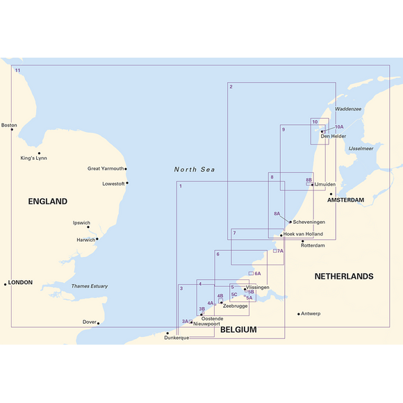 The Imray Chart Pack 2120 depicts the North Sea region extending from Nieuwpoort to Den Helder, including the Belgian and Dutch North Sea coastlines along with portions of England, the Netherlands, and Belgium. It features numbered offshore blocks near coastal areas to aid small craft navigation. Major cities such as London, Amsterdam, and Antwerp are clearly marked in this chart pack by Imray.