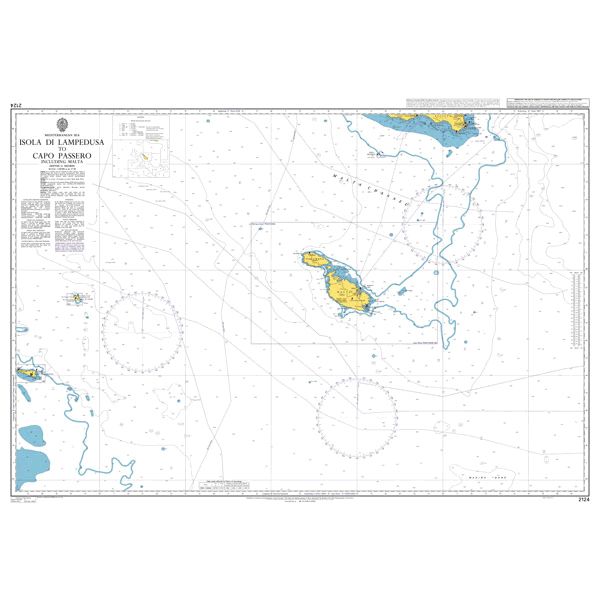 Product image of Admiralty Chart 2124 | Isola di Lampedusa to Capo Passero including Malta, featuring navigational markings, depth soundings, and coastal features, essential for safe marine navigation. It could be displayed as an art piece or used for navigation on a boat or ship.