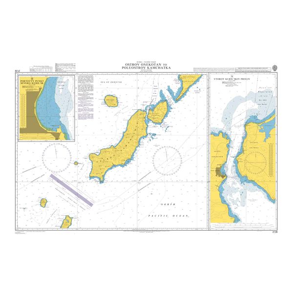 Product image of Admiralty Chart 2128 | Ostrov Onekotan to Poluostrov Kamchatka, featuring navigational markings, depth soundings, and coastal features, essential for safe marine navigation. It could be displayed as an art piece or used for navigation on a boat or ship.