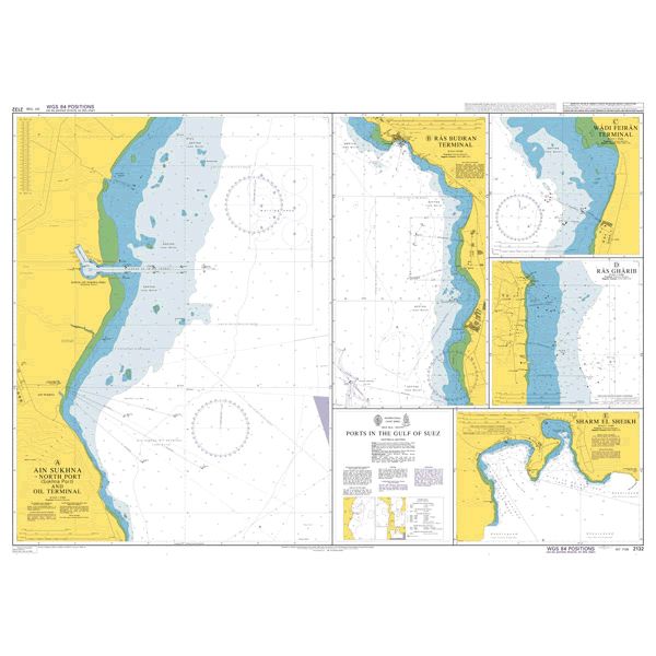 Product image of Admiralty Chart 2132 | Ports in the Gulf of Suez, featuring navigational markings, depth soundings, and coastal features, essential for safe marine navigation. It could be displayed as an art piece or used for navigation on a boat or ship.