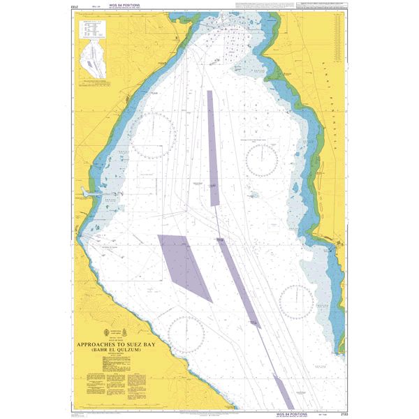 Product image of Admiralty Chart 2133 | Approaches to Suez Bay (Bahr al Qulzum), featuring navigational markings, depth soundings, and coastal features, essential for safe marine navigation. It could be displayed as an art piece or used for navigation on a boat or ship.