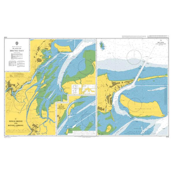 Product image of Admiralty Chart 2134 | Plans in Brunei Bay, featuring navigational markings, depth soundings, and coastal features, essential for safe marine navigation. It could be displayed as an art piece or used for navigation on a boat or ship.