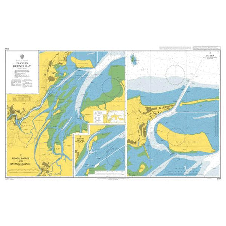 Product image of Admiralty Chart 2134 | Plans in Brunei Bay, featuring navigational markings, depth soundings, and coastal features, essential for safe marine navigation. It could be displayed as an art piece or used for navigation on a boat or ship.