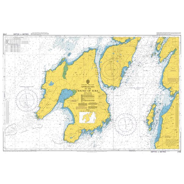 Product image of Admiralty Chart 2168 | Approaches to the Sound of Jura, featuring navigational markings, depth soundings, and coastal features, essential for safe marine navigation. It could be displayed as an art piece or used for navigation on a boat or ship.