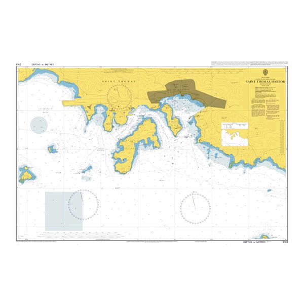 Product image of Admiralty Chart 2183 | Saint Thomas Harbor, featuring navigational markings, depth soundings, and coastal features, essential for safe marine navigation. It could be displayed as an art piece or used for navigation on a boat or ship.