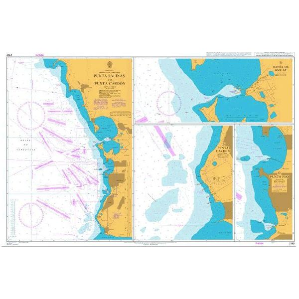 Product image of Admiralty Chart 2190 | Punta Salinas to Punta Cardon, featuring navigational markings, depth soundings, and coastal features, essential for safe marine navigation. It could be displayed as an art piece or used for navigation on a boat or ship.