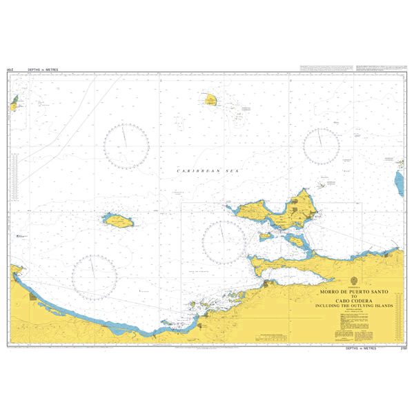 Product image of Admiralty Chart 2191 | Morro de Puerto Santo to Cabo Codera including the Outlying Islands, featuring navigational markings, depth soundings, and coastal features, essential for safe marine navigation. It could be displayed as an art piece or used for navigation on a boat or ship.