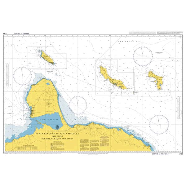 Product image of Admiralty Chart 2193 | Punta San Juan to Punta Macolla including Bonaire, Curacao and Aruba, featuring navigational markings, depth soundings, and coastal features, essential for safe marine navigation. It could be displayed as an art piece or used for navigation on a boat or ship.