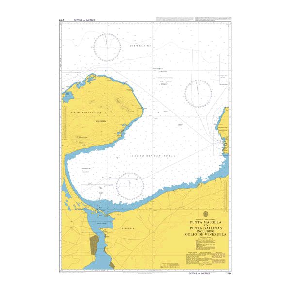 Product image of Admiralty Chart 2194 | Punta Macolla to Punta Gallinas including Golfo de Venezuela, featuring navigational markings, depth soundings, and coastal features, essential for safe marine navigation. It could be displayed as an art piece or used for navigation on a boat or ship.