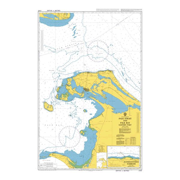 Product image of Admiralty Chart 2197 | Palk Strait and Palk Bay (Eastern Part), featuring navigational markings, depth soundings, and coastal features, essential for safe marine navigation. It could be displayed as an art piece or used for navigation on a boat or ship.