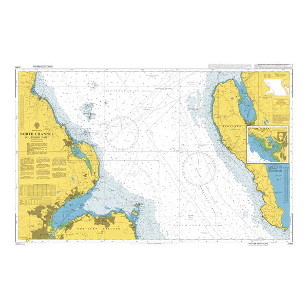 Product image of Admiralty Chart 2198 | North Channel Southern Part, featuring navigational markings, depth soundings, and coastal features, essential for safe marine navigation. It could be displayed as an art piece or used for navigation on a boat or ship.