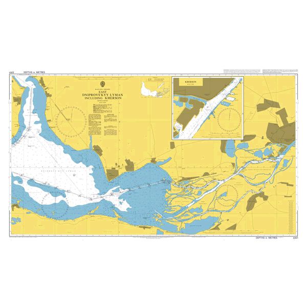 Product image of Admiralty Chart 2201 | East Dniprovs'kyy Lyman including Kherson, featuring navigational markings, depth soundings, and coastal features, essential for safe marine navigation. It could be displayed as an art piece or used for navigation on a boat or ship.