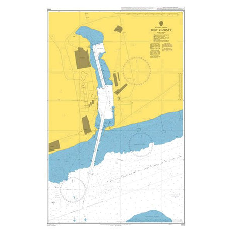 Product image of Admiralty Chart 2202 | Pivdennyi Port, featuring navigational markings, depth soundings, and coastal features, essential for safe marine navigation. It could be displayed as an art piece or used for navigation on a boat or ship.