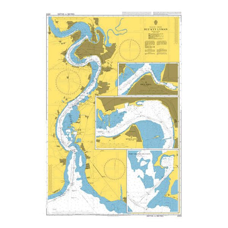 Product image of Admiralty Chart 2203 | Buz'kyy Lyman, featuring navigational markings, depth soundings, and coastal features, essential for safe marine navigation. It could be displayed as an art piece or used for navigation on a boat or ship.