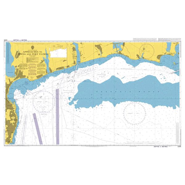 Product image of Admiralty Chart 2205 | Approaches to Odesa and Pivdennyi Port, featuring navigational markings, depth soundings, and coastal features, essential for safe marine navigation. It could be displayed as an art piece or used for navigation on a boat or ship.