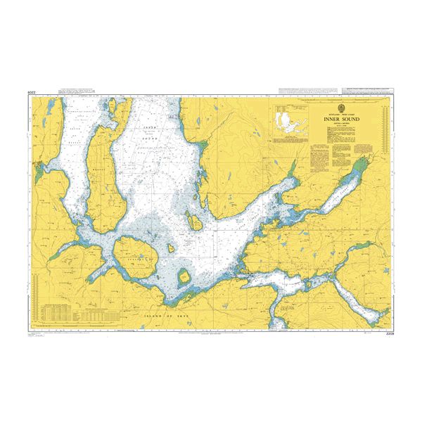 Product image of Admiralty Chart 2209 | Inner Sound, featuring navigational markings, depth soundings, and coastal features, essential for safe marine navigation. It could be displayed as an art piece or used for navigation on a boat or ship.