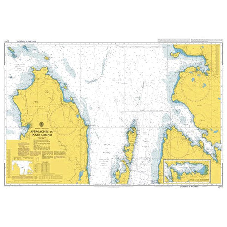 Product image of Admiralty Chart 2210 | Approaches to Inner Sound, featuring navigational markings, depth soundings, and coastal features, essential for safe marine navigation. It could be displayed as an art piece or used for navigation on a boat or ship.