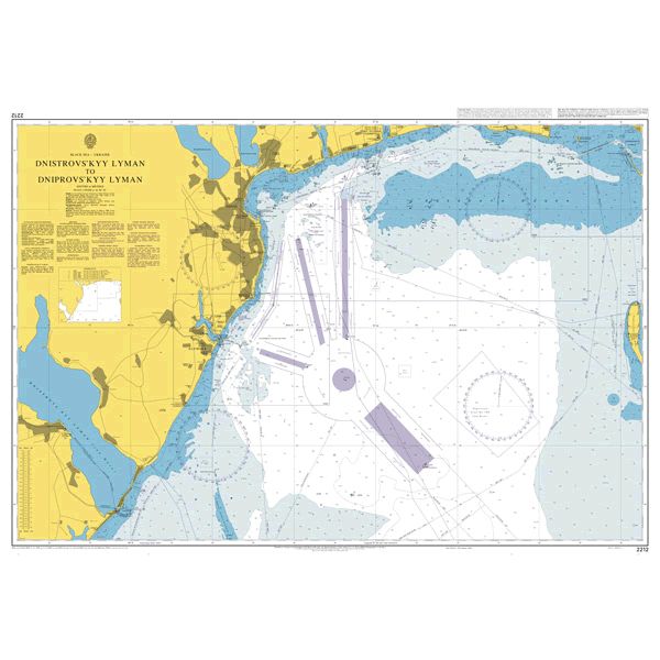 Product image of Admiralty Chart 2212 | Dnistrovs`kyy Lyman to Dniprovs`kyy Lyman, featuring navigational markings, depth soundings, and coastal features, essential for safe marine navigation. It could be displayed as an art piece or used for navigation on a boat or ship.