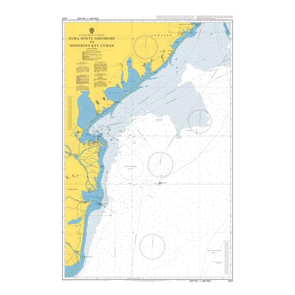 Product image of Admiralty Chart 2213 | Gura Sfintu Gheorghe to Dnistrovs`kyy Lyman, featuring navigational markings, depth soundings, and coastal features, essential for safe marine navigation. It could be displayed as an art piece or used for navigation on a boat or ship.