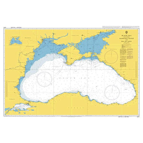 Product image of Admiralty Chart 2214 | Black Sea including Marmara Denizi and Sea of Azov, featuring navigational markings, depth soundings, and coastal features, essential for safe marine navigation. It could be displayed as an art piece or used for navigation on a boat or ship.