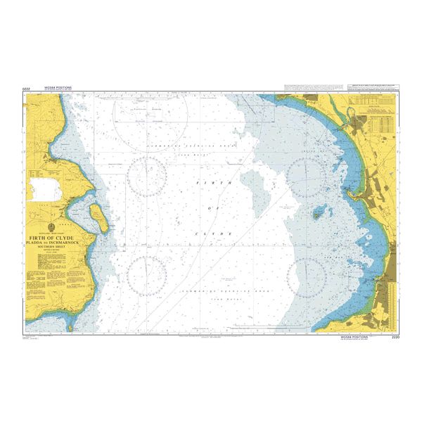 Product image of Admiralty Chart 2220 | Firth of Clyde Pladda to Inchmarnock Southern Sheet, featuring navigational markings, depth soundings, and coastal features, essential for safe marine navigation. It could be displayed as an art piece or used for navigation on a boat or ship.