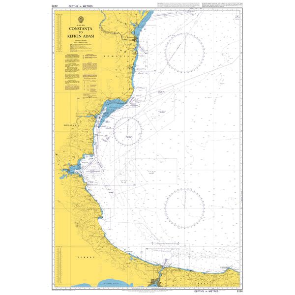 Product image of Admiralty Chart 2230 | Constanta to Kefken Adasi, featuring navigational markings, depth soundings, and coastal features, essential for safe marine navigation. It could be displayed as an art piece or used for navigation on a boat or ship.