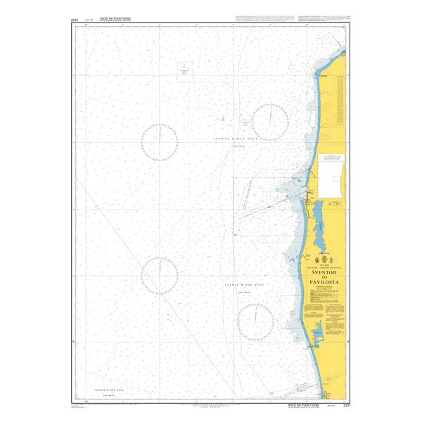 Product image of Admiralty Chart 2231 | Sventoji to Pavilosta, featuring navigational markings, depth soundings, and coastal features, essential for safe marine navigation. It could be displayed as an art piece or used for navigation on a boat or ship.