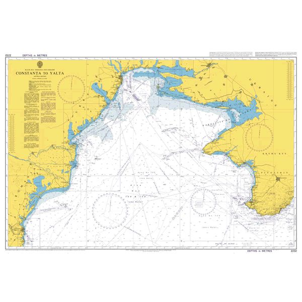 Product image of Admiralty Chart 2232 | Constanta to Yalta, featuring navigational markings, depth soundings, and coastal features, essential for safe marine navigation. It could be displayed as an art piece or used for navigation on a boat or ship.