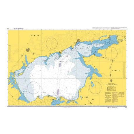 Product image of Admiralty Chart 2234 | Sea of Azov, featuring navigational markings, depth soundings, and coastal features, essential for safe marine navigation. It could be displayed as an art piece or used for navigation on a boat or ship.