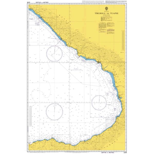 Product image of Admiralty Chart 2236 | Tirebolu to Tuapse, featuring navigational markings, depth soundings, and coastal features, essential for safe marine navigation. It could be displayed as an art piece or used for navigation on a boat or ship.