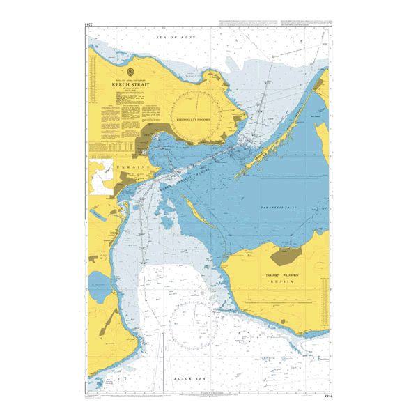 Product image of Admiralty Chart 2242 | Kerch Strait, featuring navigational markings, depth soundings, and coastal features, essential for safe marine navigation. It could be displayed as an art piece or used for navigation on a boat or ship.