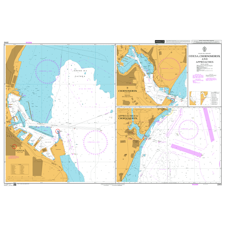 Product image of Admiralty Chart 2243 | Odesa, Chornomors'k and Approaches, featuring navigational markings, depth soundings, and coastal features, essential for safe marine navigation. It could be displayed as an art piece or used for navigation on a boat or ship.