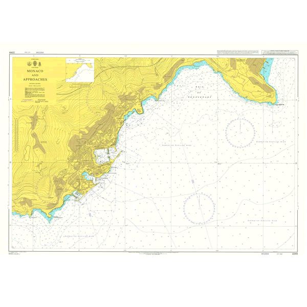 Product image of Admiralty Chart 2244 | Monaco and Approaches, featuring navigational markings, depth soundings, and coastal features, essential for safe marine navigation. It could be displayed as an art piece or used for navigation on a boat or ship.