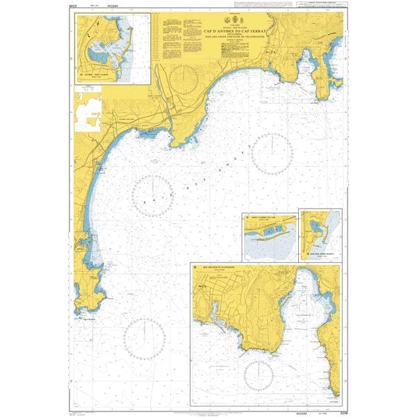 Product image of Admiralty Chart 2246 | Cap d'Antibes to Cap Ferrat including Baie des Anges and Rade de Villefranche, featuring navigational markings, depth soundings, and coastal features, essential for safe marine navigation. It could be displayed as an art piece or used for navigation on a boat or ship.