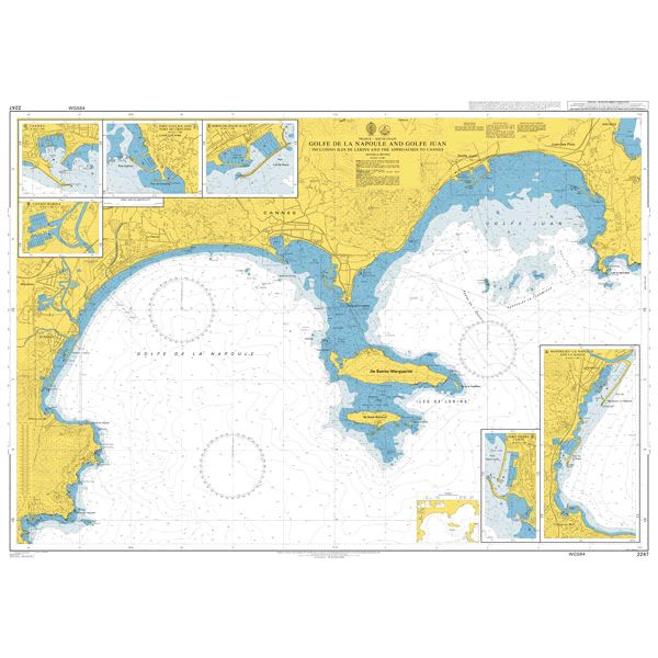 Product image of Admiralty Chart 2247 | Golfe de la Napoule and Golfe Juan including Iles de Lerins and the Approaches to Cannes, featuring navigational markings, depth soundings, and coastal features, essential for safe marine navigation. It could be displayed as an art piece or used for navigation on a boat or ship.