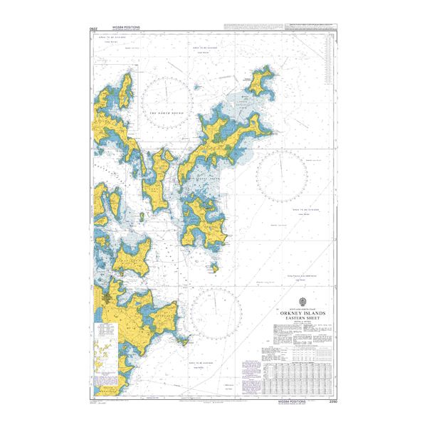 Product image of Admiralty Chart 2250 | Orkney Islands Eastern Sheet, featuring navigational markings, depth soundings, and coastal features, essential for safe marine navigation. It could be displayed as an art piece or used for navigation on a boat or ship.