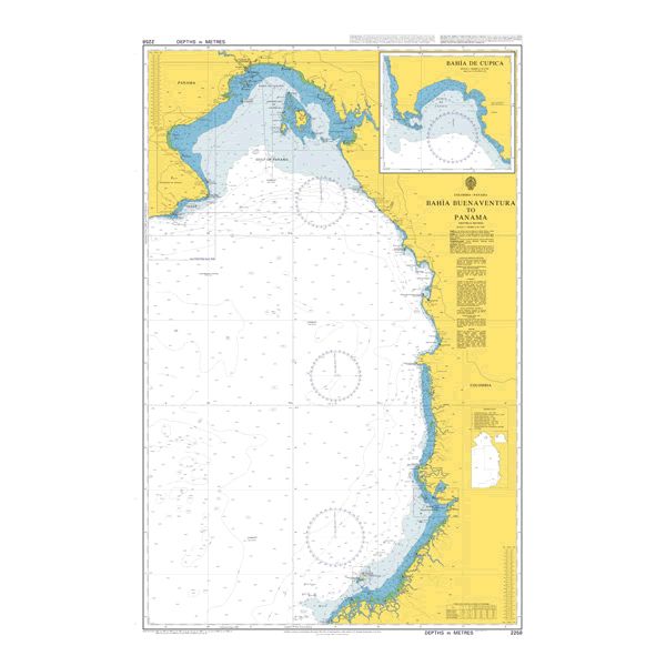 Product image of Admiralty Chart 2258 | Bahia Buenaventura to Panama, featuring navigational markings, depth soundings, and coastal features, essential for safe marine navigation. It could be displayed as an art piece or used for navigation on a boat or ship.