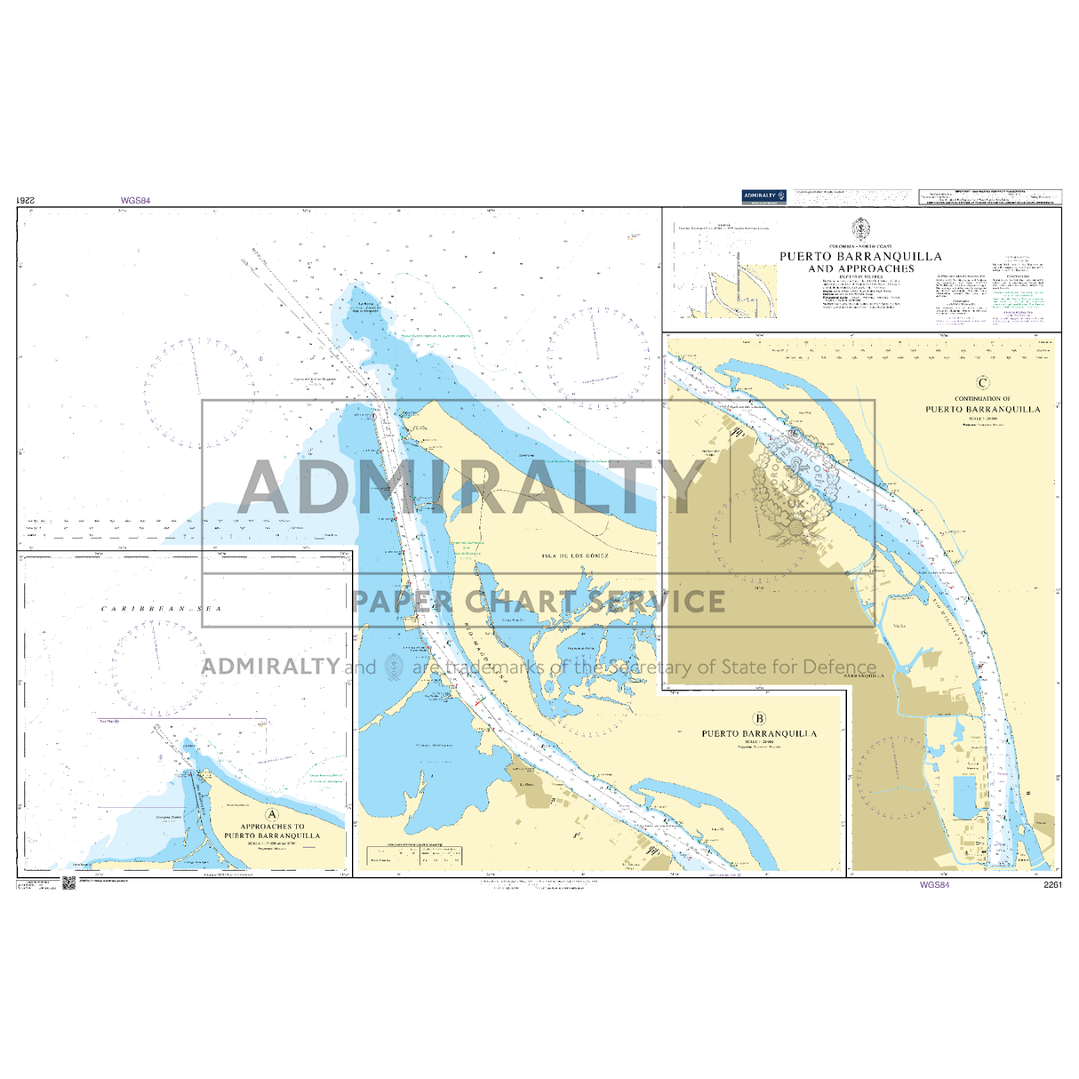 Product image of Admiralty Chart 2261 | Puerto Barranquilla and Approaches, featuring navigational markings, depth soundings, and coastal features, essential for safe marine navigation. It could be displayed as an art piece or used for navigation on a boat or ship.