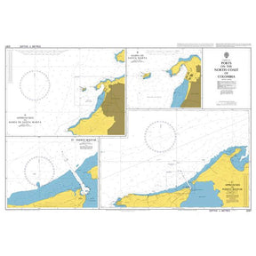 Product image of Admiralty Chart 2267 | Ports on the North Coast of Colombia, featuring navigational markings, depth soundings, and coastal features, essential for safe marine navigation. It could be displayed as an art piece or used for navigation on a boat or ship.