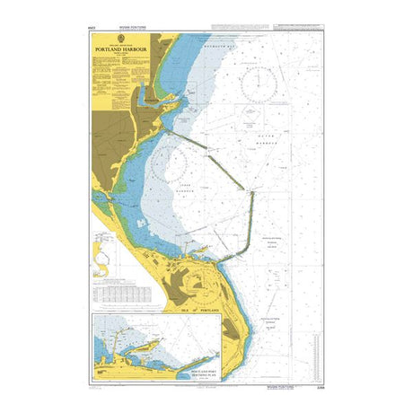 Product image of Admiralty Chart 2268 | Portland Harbour, featuring navigational markings, depth soundings, and coastal features, essential for safe marine navigation. It could be displayed as an art piece or used for navigation on a boat or ship.