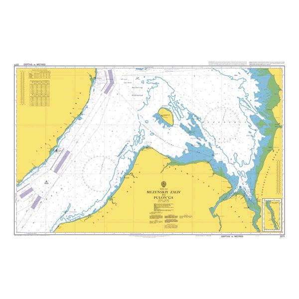 Product image of Admiralty Chart 2271 | Mezenskiy Zaliv to Pulon`ga, featuring navigational markings, depth soundings, and coastal features, essential for safe marine navigation. It could be displayed as an art piece or used for navigation on a boat or ship.