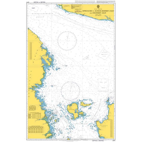 Product image of Admiralty Chart 2274 | Approaches to Kandalakshskiy Zaliv and Onezhskiy Zaliv, featuring navigational markings, depth soundings, and coastal features, essential for safe marine navigation. It could be displayed as an art piece or used for navigation on a boat or ship.