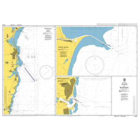 Product image of Admiralty Chart 2282 | Plans in Romania, featuring navigational markings, depth soundings, and coastal features, essential for safe marine navigation. It could be displayed as an art piece or used for navigation on a boat or ship.