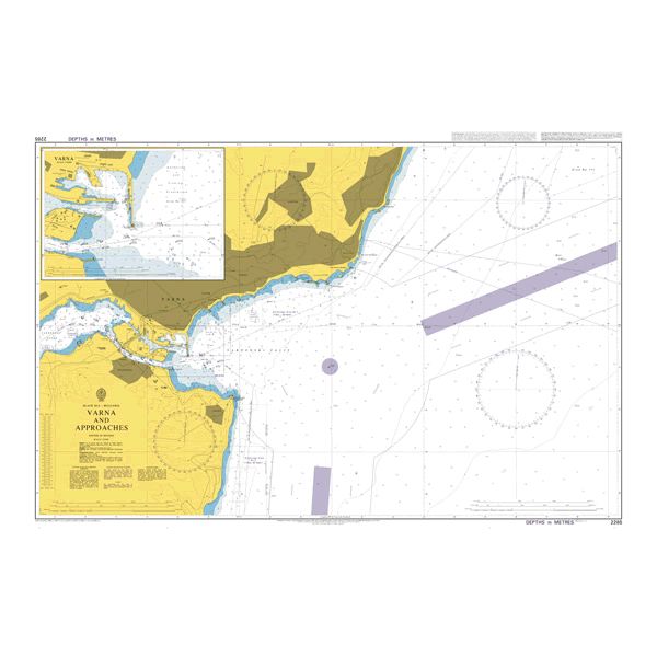 Product image of Admiralty Chart 2285 | Approaches to Varna, featuring navigational markings, depth soundings, and coastal features, essential for safe marine navigation. It could be displayed as an art piece or used for navigation on a boat or ship.