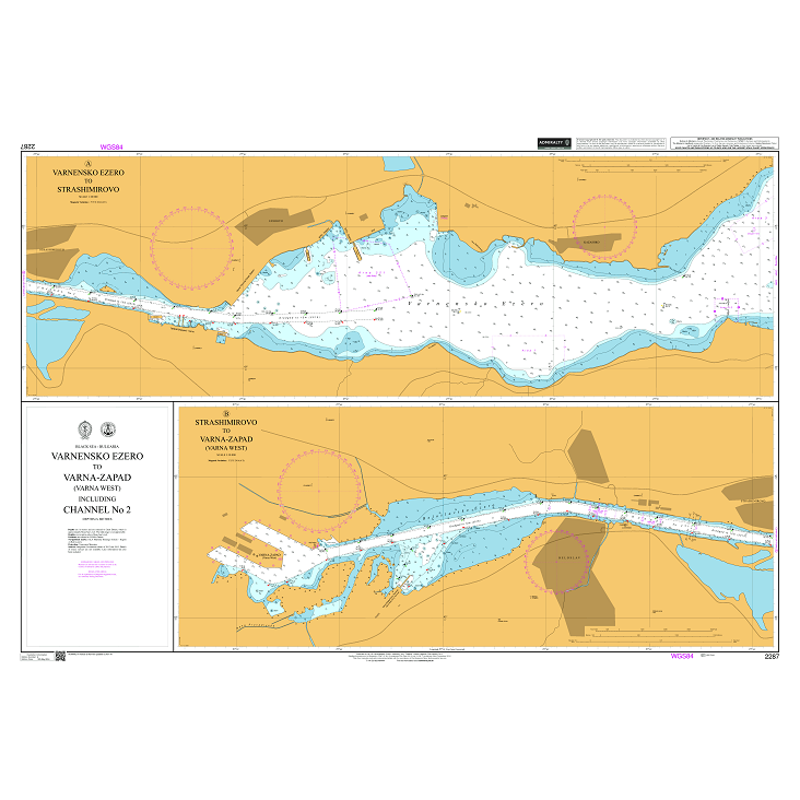 Product image of Admiralty Chart 2287 | Varnensko Ezero to Varna-Zapad (Varna West) including Channel No 2, featuring navigational markings, depth soundings, and coastal features, essential for safe marine navigation. It could be displayed as an art piece or used for navigation on a boat or ship.