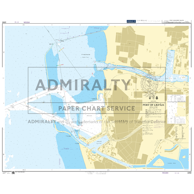 Product image of Admiralty Chart 2292 | Port of Liepaja, featuring navigational markings, depth soundings, and coastal features, essential for safe marine navigation. It could be displayed as an art piece or used for navigation on a boat or ship.