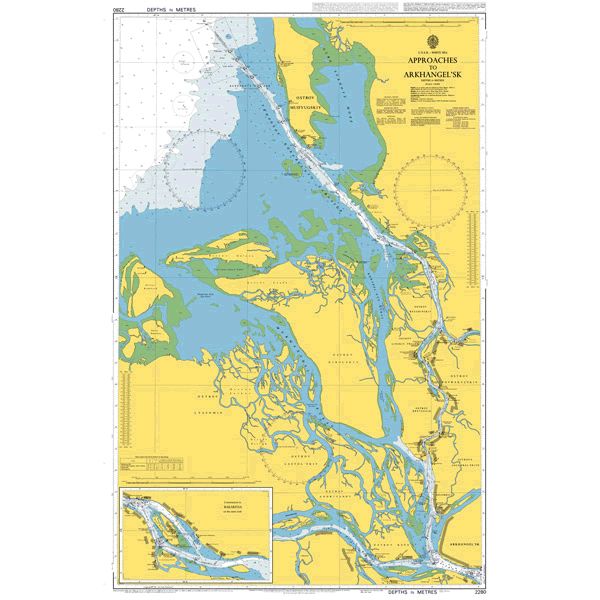 Product image of Admiralty Chart 2294 | Approaches to Arkhangel'sk, featuring navigational markings, depth soundings, and coastal features, essential for safe marine navigation. It could be displayed as an art piece or used for navigation on a boat or ship.