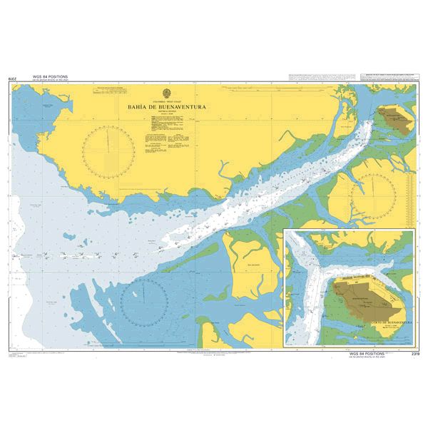 Product image of Admiralty Chart 2319 | Bahia de Buenaventura, featuring navigational markings, depth soundings, and coastal features, essential for safe marine navigation. It could be displayed as an art piece or used for navigation on a boat or ship.