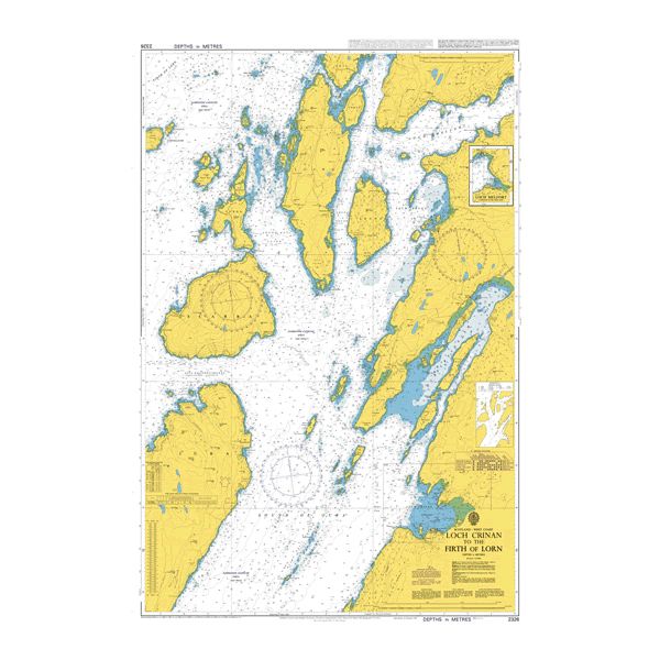 Product image of Admiralty Chart 2326 | Loch Crinan to the Firth of Lorn, featuring navigational markings, depth soundings, and coastal features, essential for safe marine navigation. It could be displayed as an art piece or used for navigation on a boat or ship.