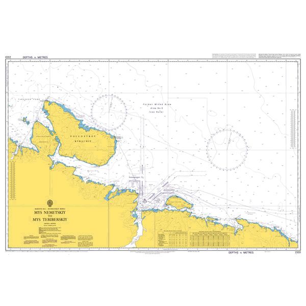 Product image of Admiralty Chart 2333 | Mys Nemetskiy to Mys Teriberskiy, featuring navigational markings, depth soundings, and coastal features, essential for safe marine navigation. It could be displayed as an art piece or used for navigation on a boat or ship.